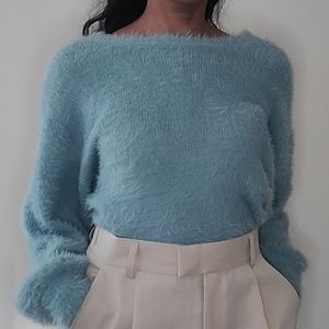 Ice Blue Fuzzy Sweater Puffy Balloon Sleeve